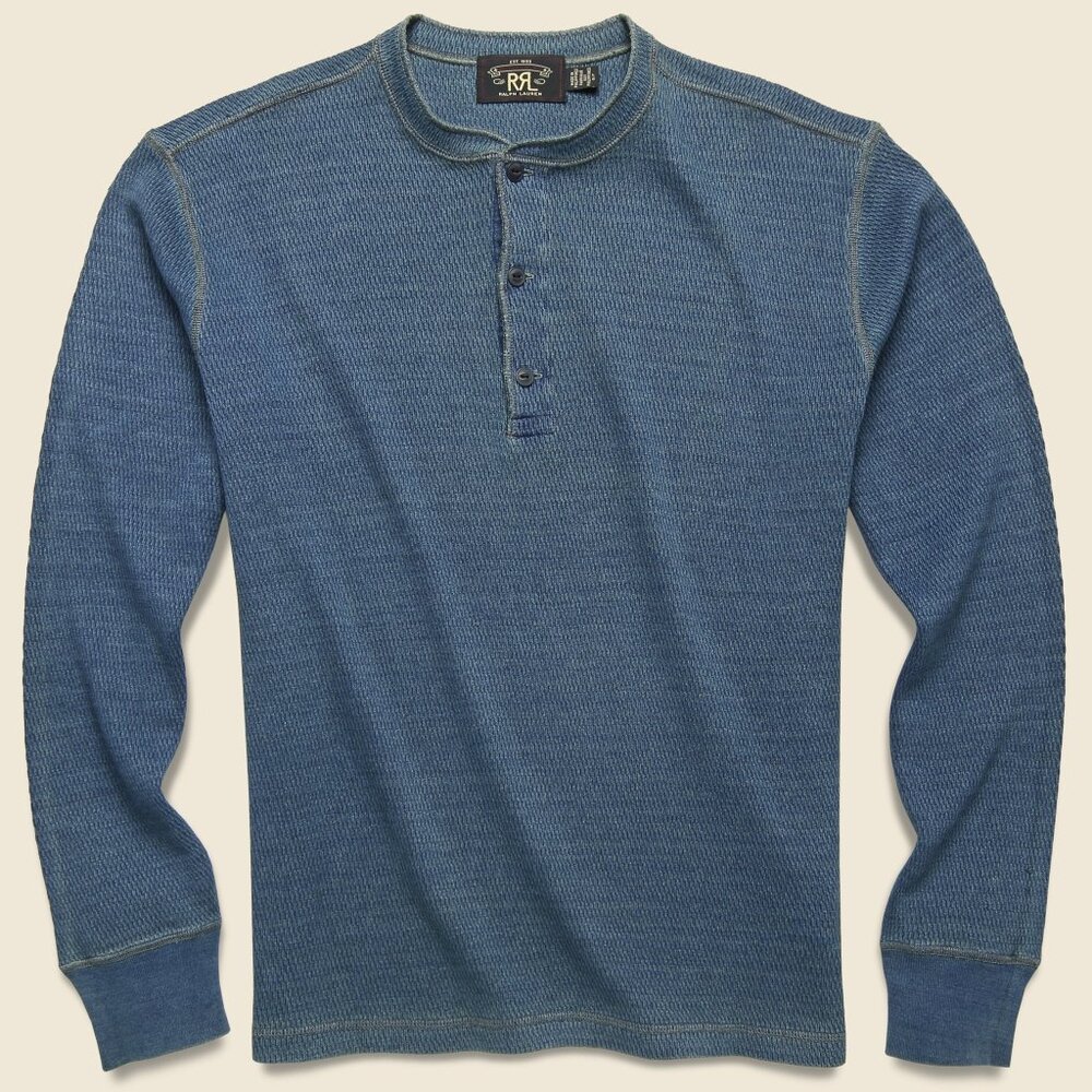 RRL Ralph Lauren Indigo Jacquard Henley Waffle Shirt - XXL